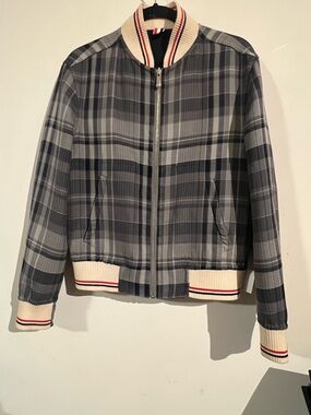 Thom Browne Gray Plaid Bomber Jacket with Cream Stripe Trim 40 S
